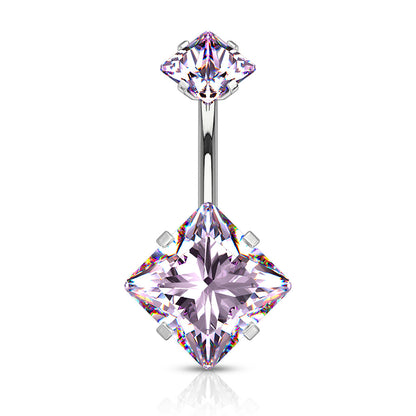 Internally Threaded Double Square CZ Crystal Prong Set Belly Button Ring - Stainless Steel