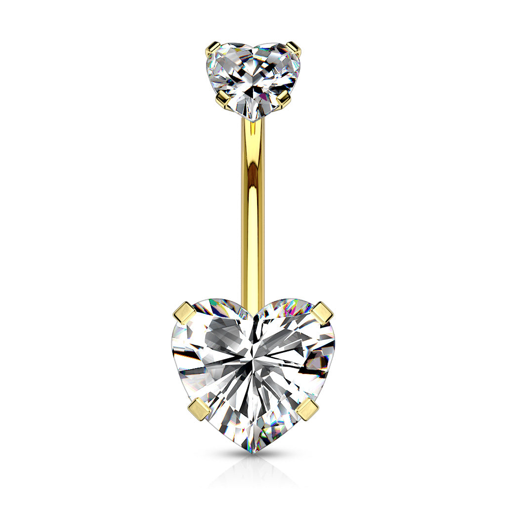 Internally Threaded Double Heart CZ Crystal Prong Set Belly Button Ring - 316L Stainless Steel