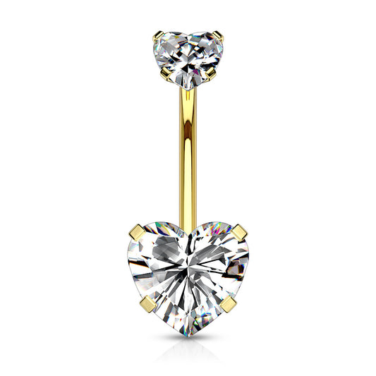 Internally Threaded Double Heart CZ Crystal Prong Set Belly Button Ring - 316L Stainless Steel