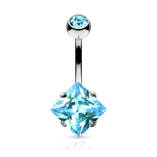 Prong Set CZ Crystal Square Belly Button Ring - 316L Stainless Steel