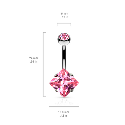 Prong Set CZ Crystal Square Belly Button Ring - 316L Stainless Steel