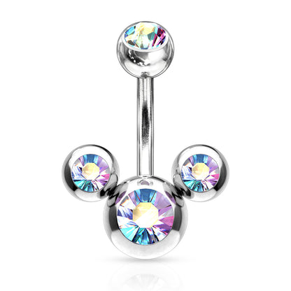 CZ Triple Bubble Belly Button Ring - Stainless Steel