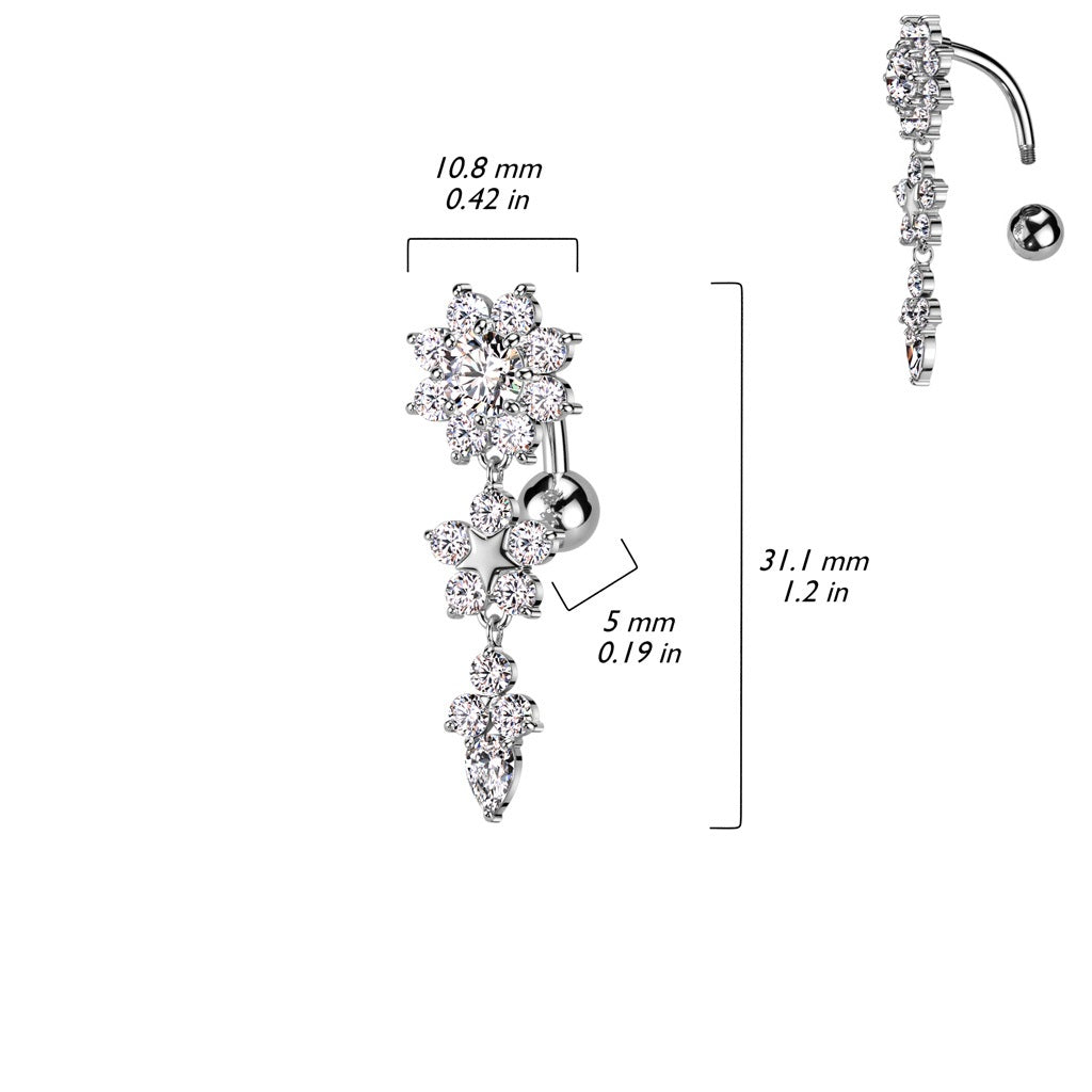 CZ Crystal Double Flower Top Drop Reverse Belly Button Ring - 316L Stainless Steel