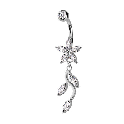 CZ Crystal Flower with Dangling Marquise Vine Belly Button Ring - 316L Stainless Steel