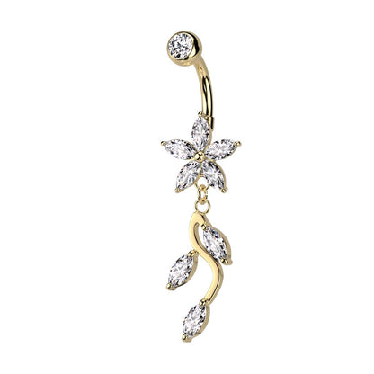 CZ Crystal Flower with Dangling Marquise Vine Belly Button Ring - 316L Stainless Steel