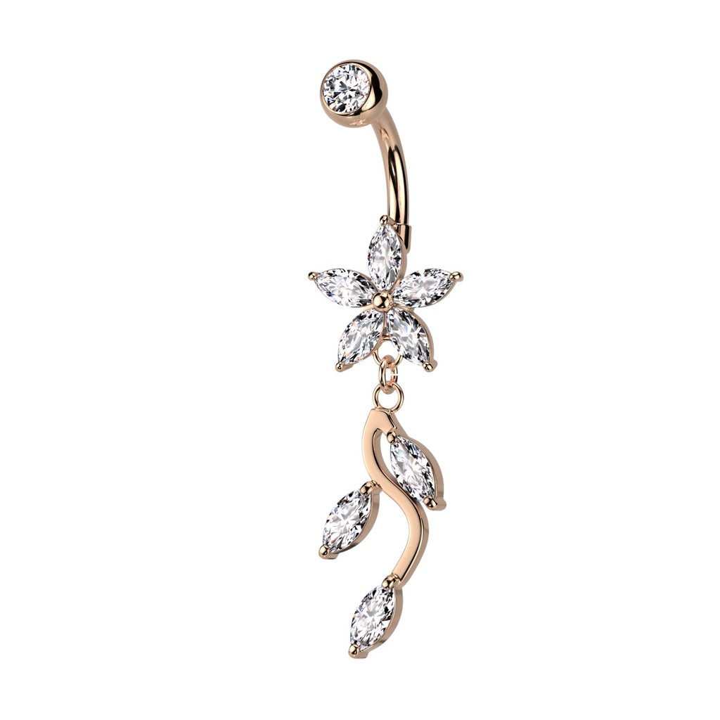 CZ Crystal Flower with Dangling Marquise Vine Belly Button Ring - 316L Stainless Steel