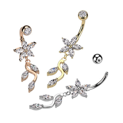 CZ Crystal Flower with Dangling Marquise Vine Belly Button Ring - 316L Stainless Steel