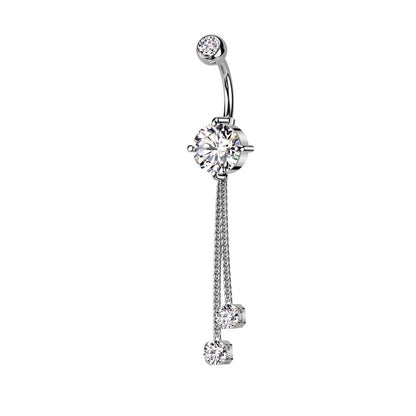 Double Jeweled with Double CZ Crystal Chain Dangling Belly Button Ring - 316L Stainless Steel