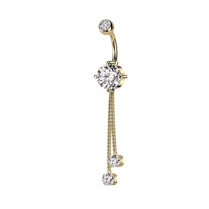 Double Jeweled with Double CZ Crystal Chain Dangling Belly Button Ring - 316L Stainless Steel