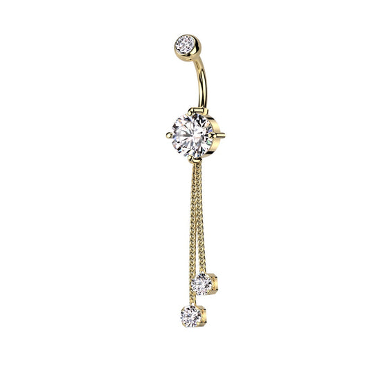 Double Jeweled with Double CZ Crystal Chain Dangling Belly Button Ring - 316L Stainless Steel