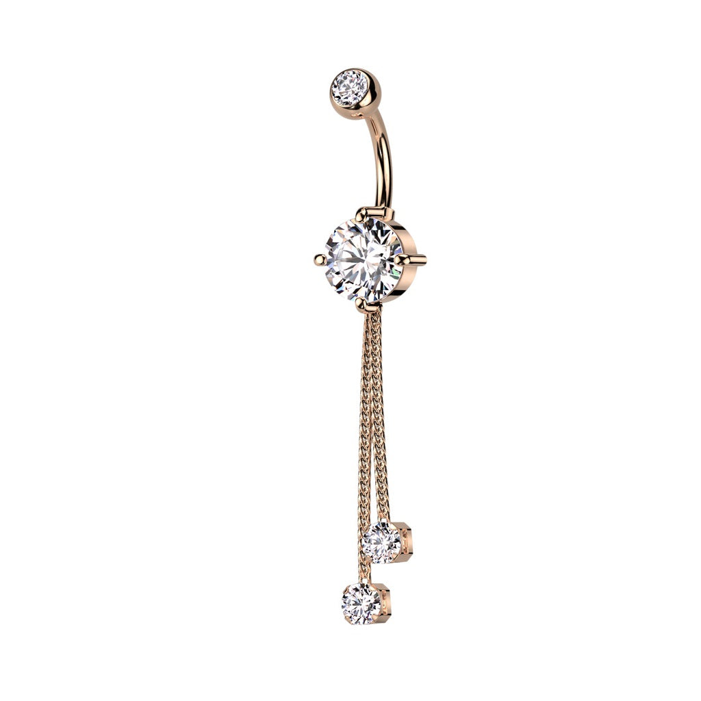 Double Jeweled with Double CZ Crystal Chain Dangling Belly Button Ring - 316L Stainless Steel