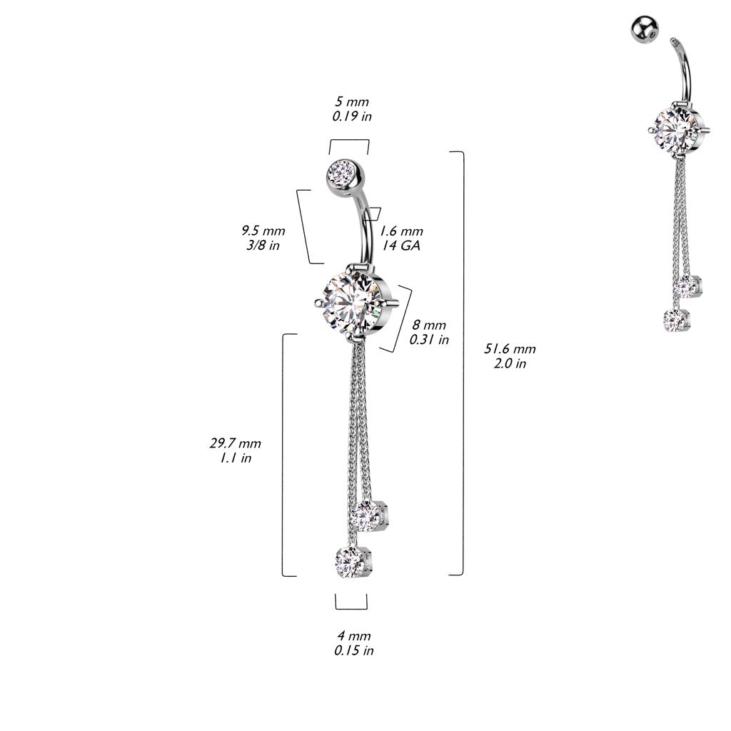 Double Jeweled with Double CZ Crystal Chain Dangling Belly Button Ring - 316L Stainless Steel