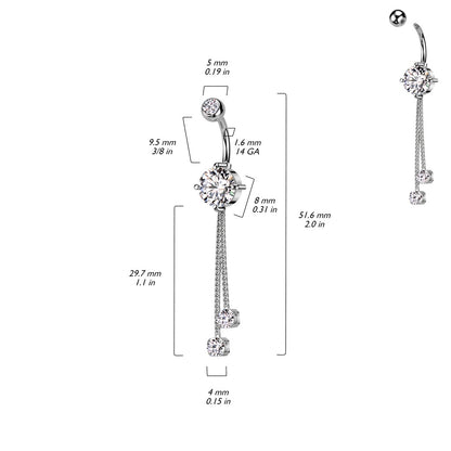 Double Jeweled with Double CZ Crystal Chain Dangling Belly Button Ring - 316L Stainless Steel