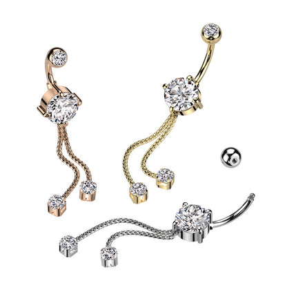 Double Jeweled with Double CZ Crystal Chain Dangling Belly Button Ring - 316L Stainless Steel