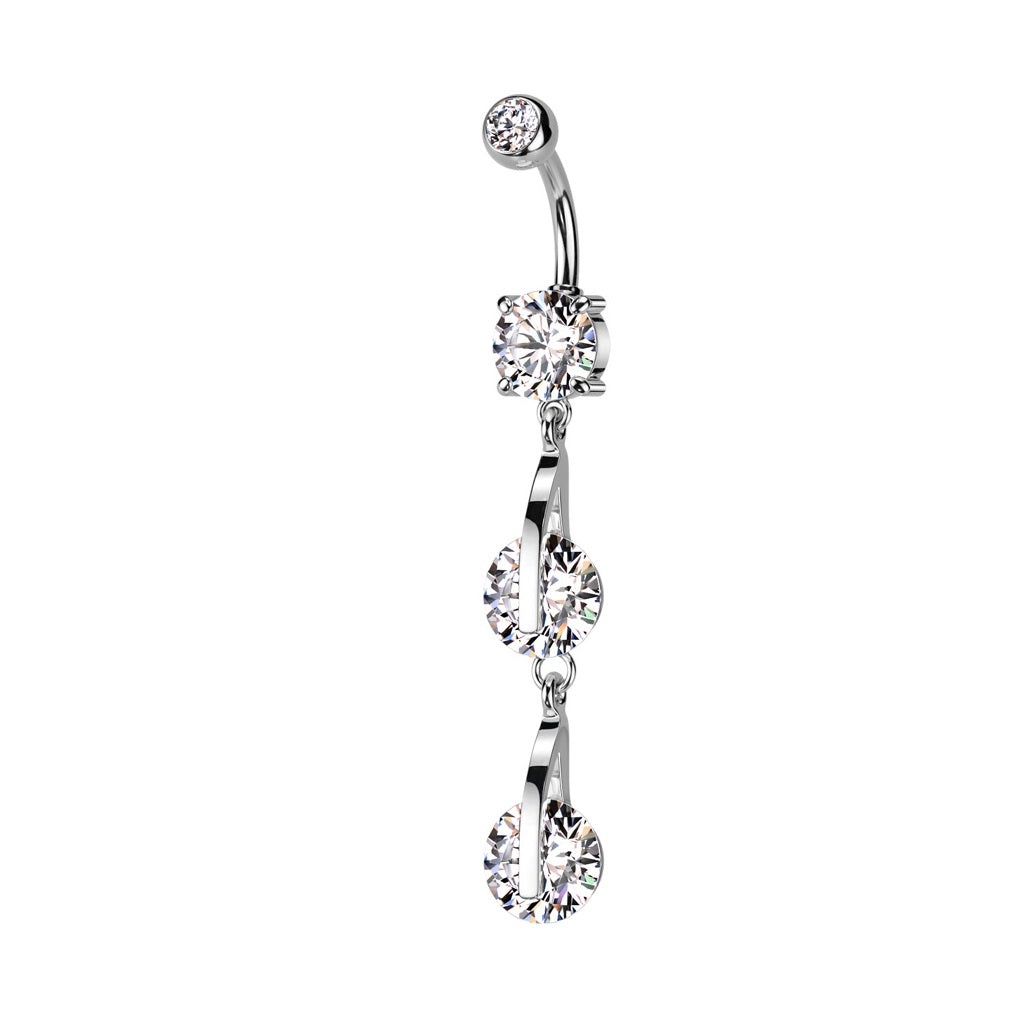 Double CZ Crystal Linked Dangling Belly Button Ring - 316L Stainless Steel