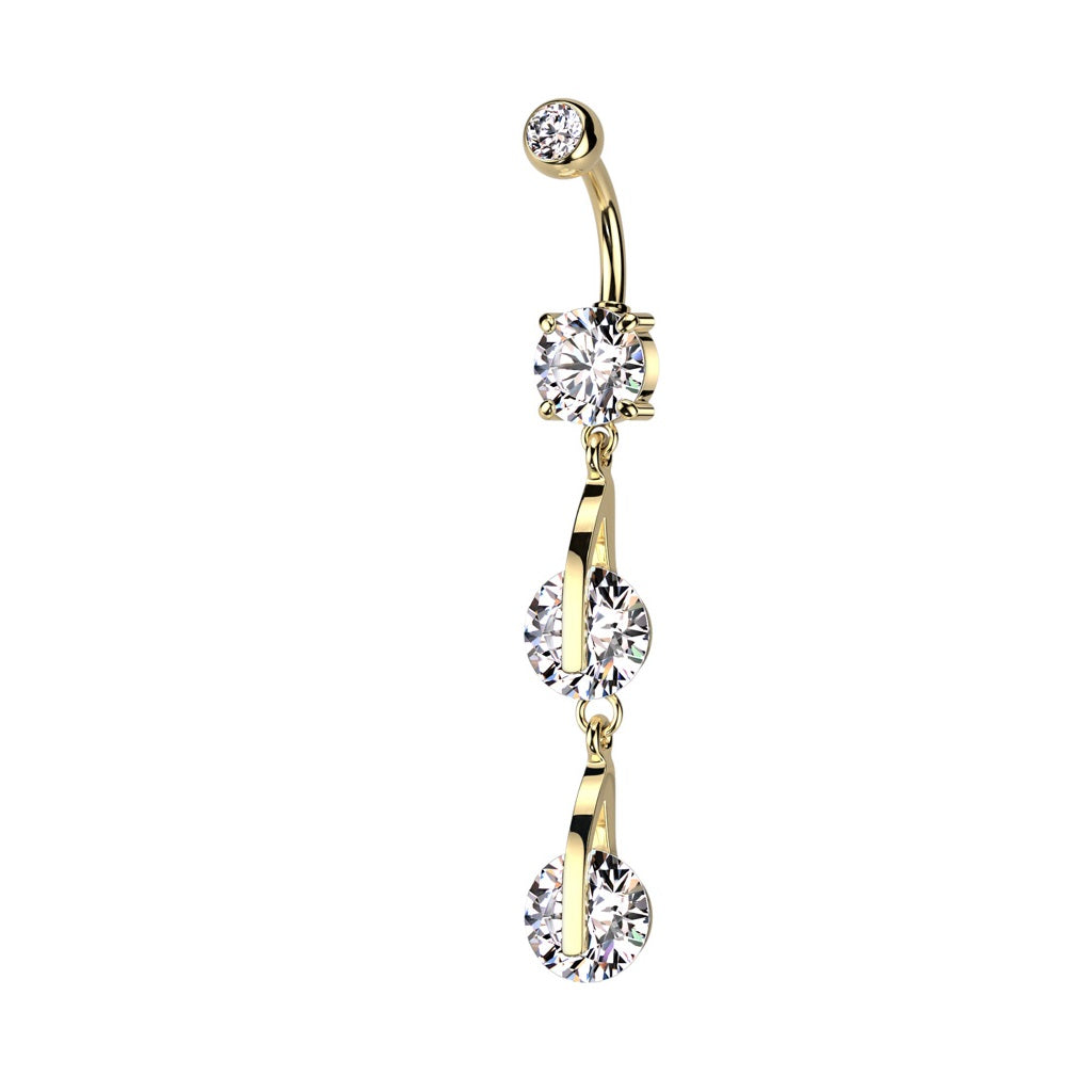 Double CZ Crystal Linked Dangling Belly Button Ring - 316L Stainless Steel