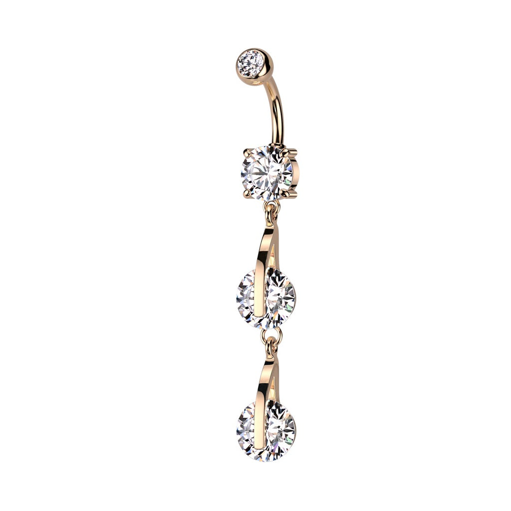 Double CZ Crystal Linked Dangling Belly Button Ring - 316L Stainless Steel