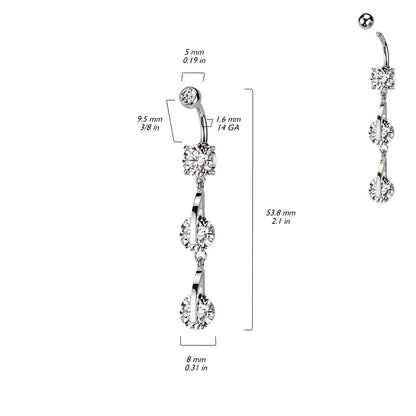 Double CZ Crystal Linked Dangling Belly Button Ring - 316L Stainless Steel