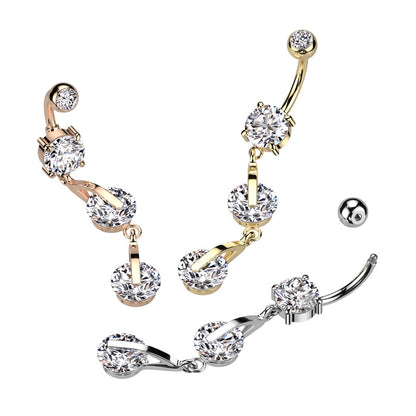 Double CZ Crystal Linked Dangling Belly Button Ring - 316L Stainless Steel