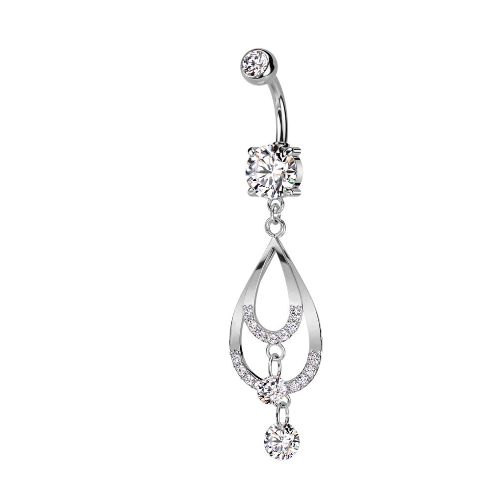 Double CZ Crystal Paved Tear Drop Dangling Belly Button Ring - 316L Stainless Steel