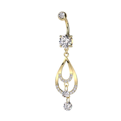 Double CZ Crystal Paved Tear Drop Dangling Belly Button Ring - 316L Stainless Steel