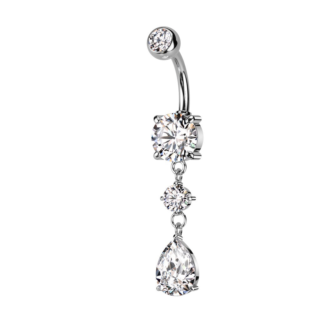 CZ Crystal Tear Drop Dangling Belly Button Ring - 316L Stainless Steel