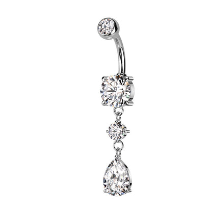 CZ Crystal Tear Drop Dangling Belly Button Ring - 316L Stainless Steel