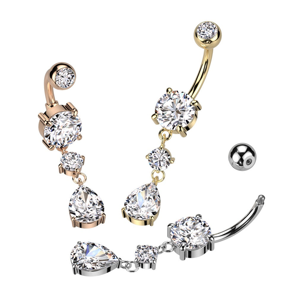 CZ Crystal Tear Drop Dangling Belly Button Ring - 316L Stainless Steel