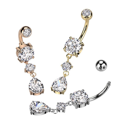 CZ Crystal Tear Drop Dangling Belly Button Ring - 316L Stainless Steel