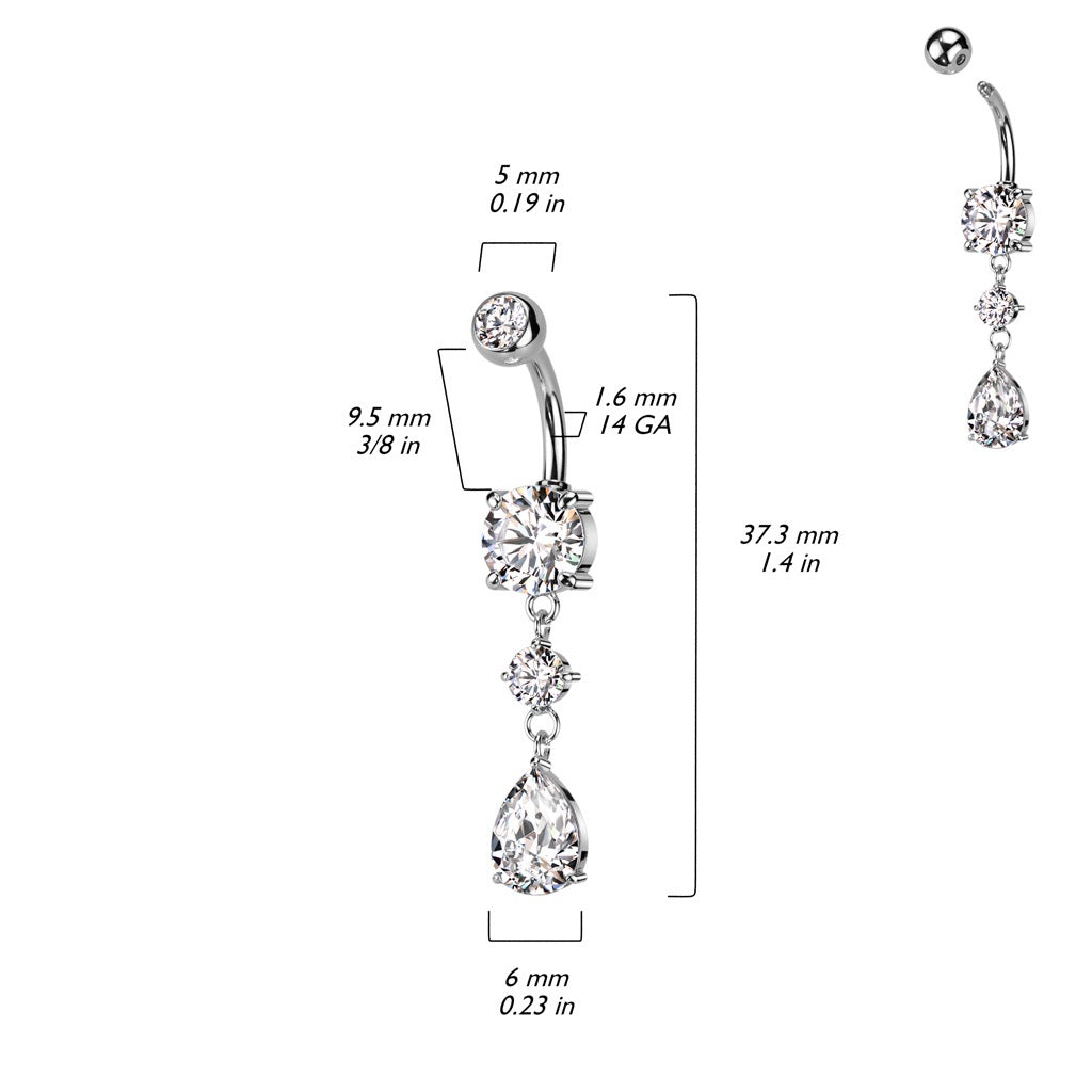 CZ Crystal Tear Drop Dangling Belly Button Ring - 316L Stainless Steel