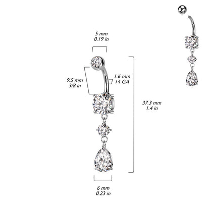 CZ Crystal Tear Drop Dangling Belly Button Ring - 316L Stainless Steel