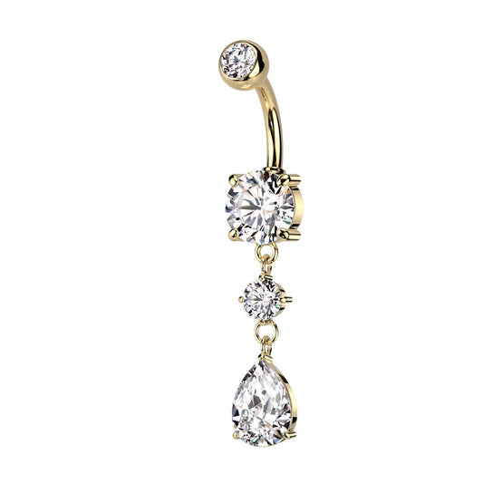 CZ Crystal Tear Drop Dangling Belly Button Ring - 316L Stainless Steel