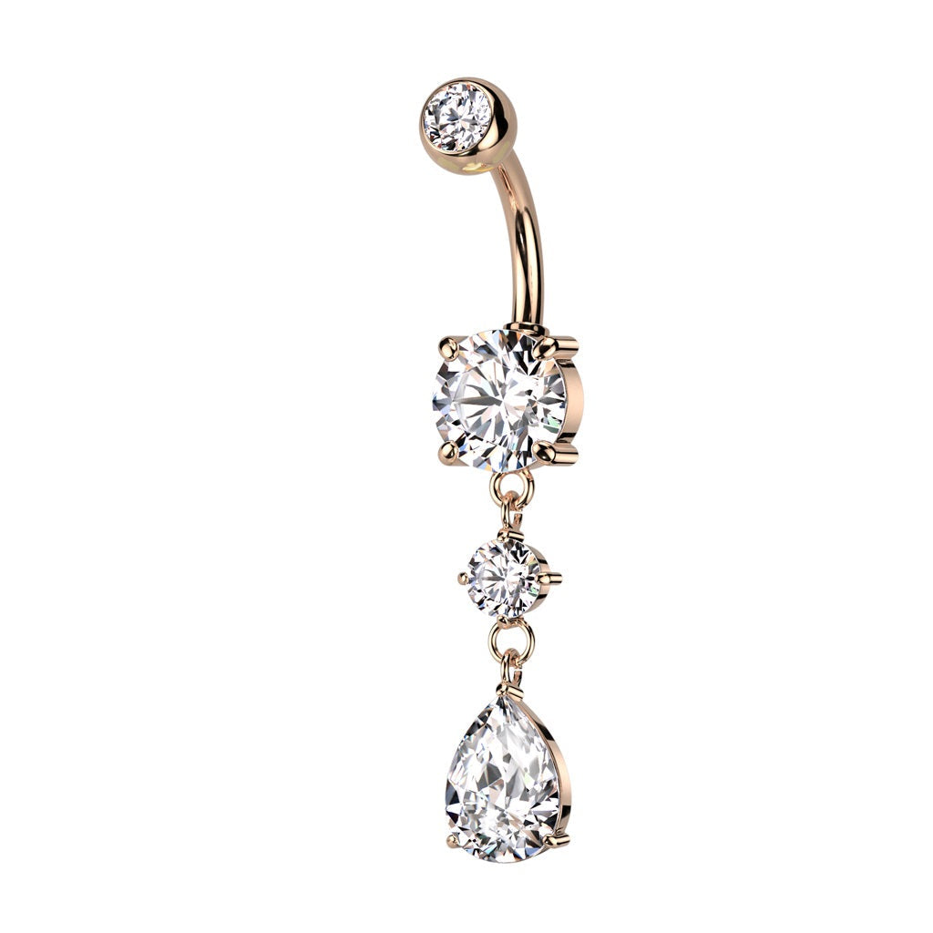 CZ Crystal Tear Drop Dangling Belly Button Ring - 316L Stainless Steel