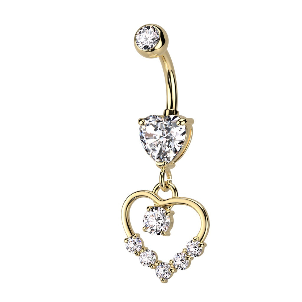 CZ Crystal Hollow Heart Shaped Dangling Belly Button Ring - 316L Stainless Steel