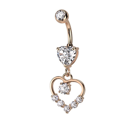 CZ Crystal Hollow Heart Shaped Dangling Belly Button Ring - 316L Stainless Steel