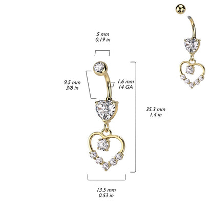 CZ Crystal Hollow Heart Shaped Dangling Belly Button Ring - 316L Stainless Steel