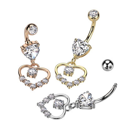 CZ Crystal Hollow Heart Shaped Dangling Belly Button Ring - 316L Stainless Steel