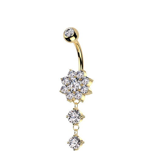 CZ Crystal Flower with Dangling Double Gem Drop Belly Button Ring - 316L Stainless Steel