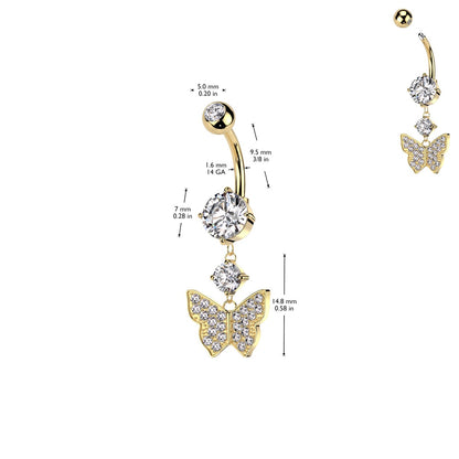 CZ Crystal Dangling Butterfly Drop Belly Button Ring - 316L Stainless Steel