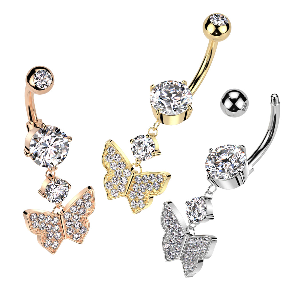 CZ Crystal Dangling Butterfly Drop Belly Button Ring - 316L Stainless Steel