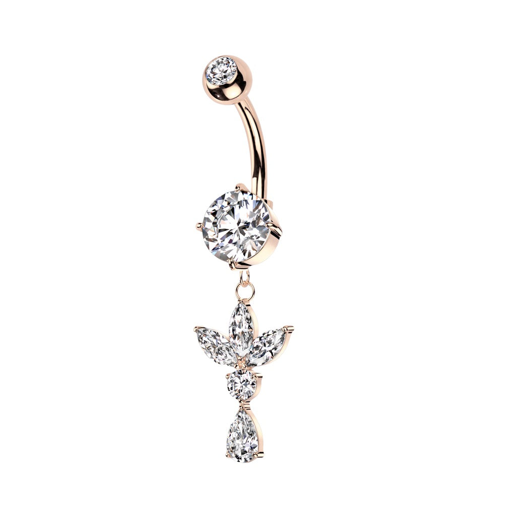 CZ Crystal Triple Marquise Leaf Dangling Belly Button Ring - 316L Stainless Steel