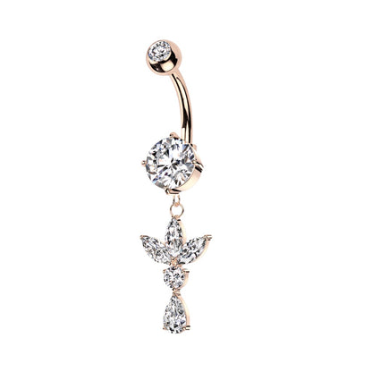 CZ Crystal Triple Marquise Leaf Dangling Belly Button Ring - 316L Stainless Steel