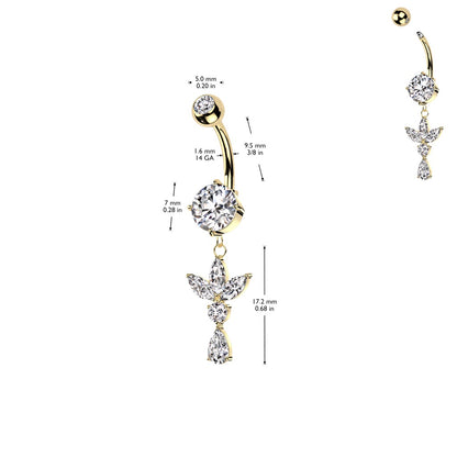 CZ Crystal Triple Marquise Leaf Dangling Belly Button Ring - 316L Stainless Steel