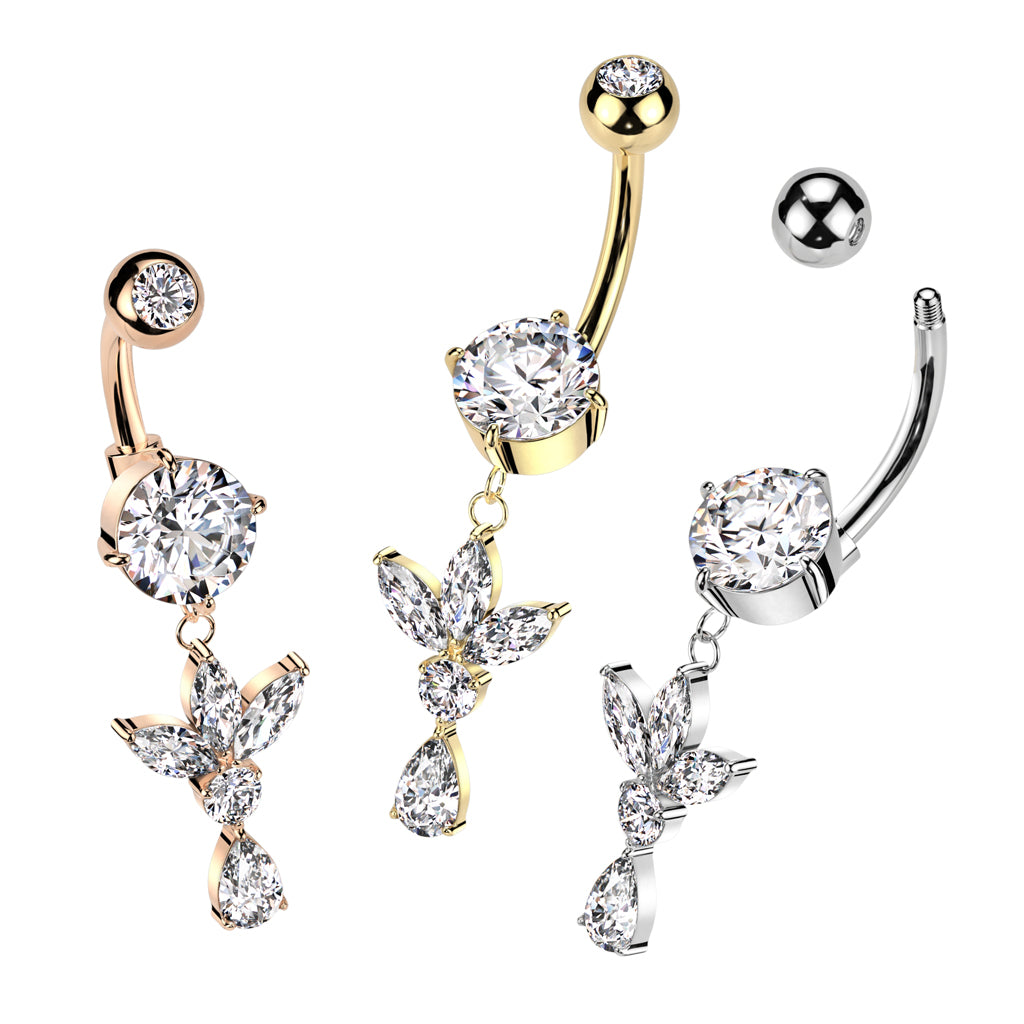 CZ Crystal Triple Marquise Leaf Dangling Belly Button Ring - 316L Stainless Steel