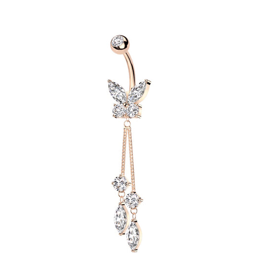 CZ Crystal Butterfly with Double Dangling Marquise Belly Button Ring - 316L Stainless Steel