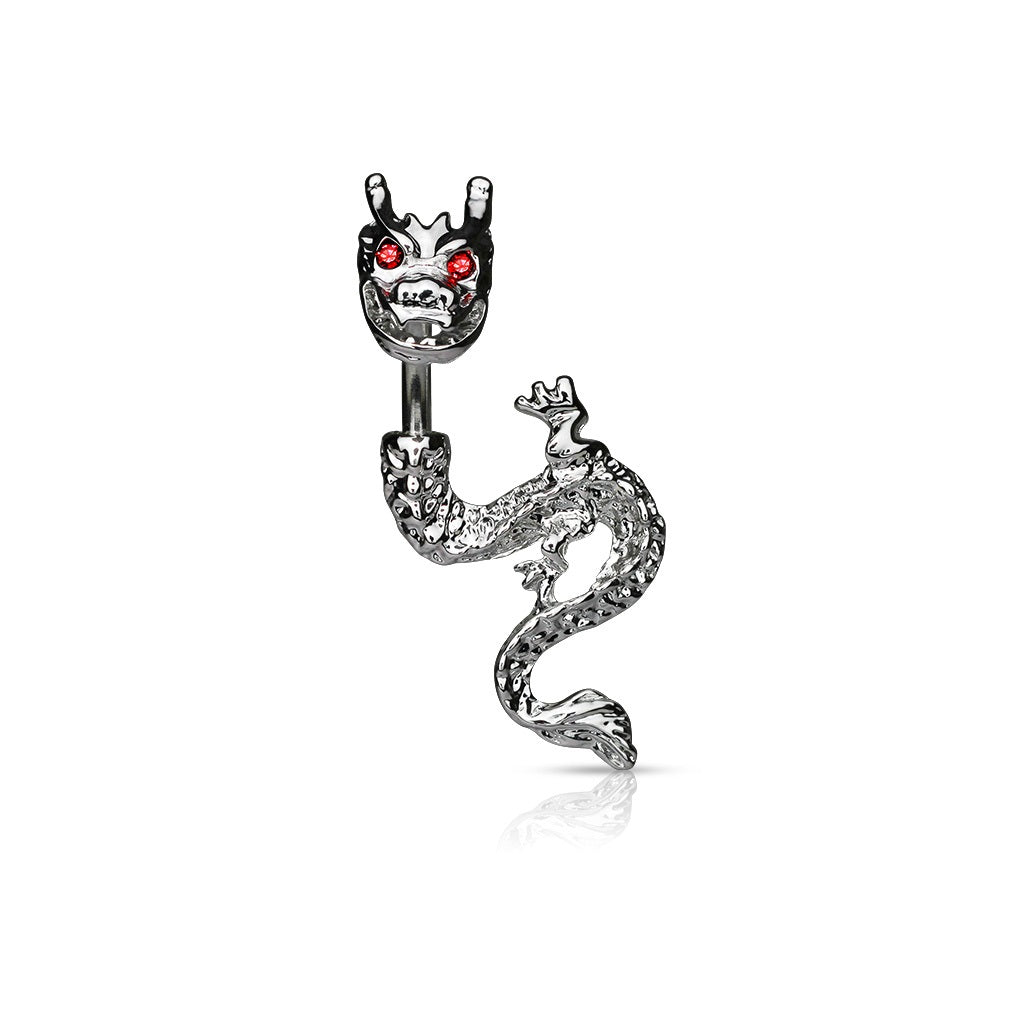 Rhodium Plated CZ Dragon with Gemmed Eyes Belly Button Ring - 316L Stainless Steel