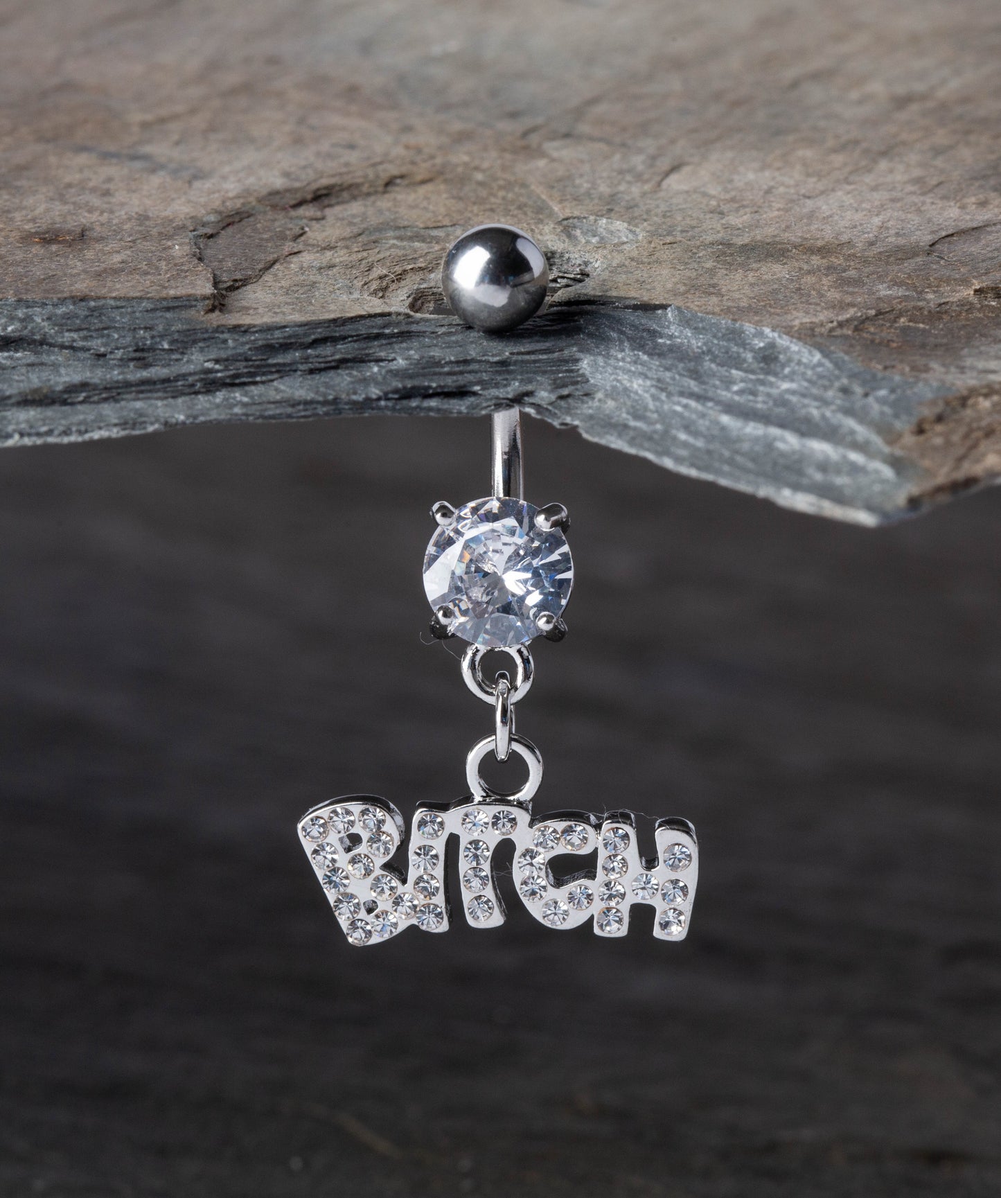 CZ Crystal Bitch Dangling Belly Button Ring - Stainless Steel