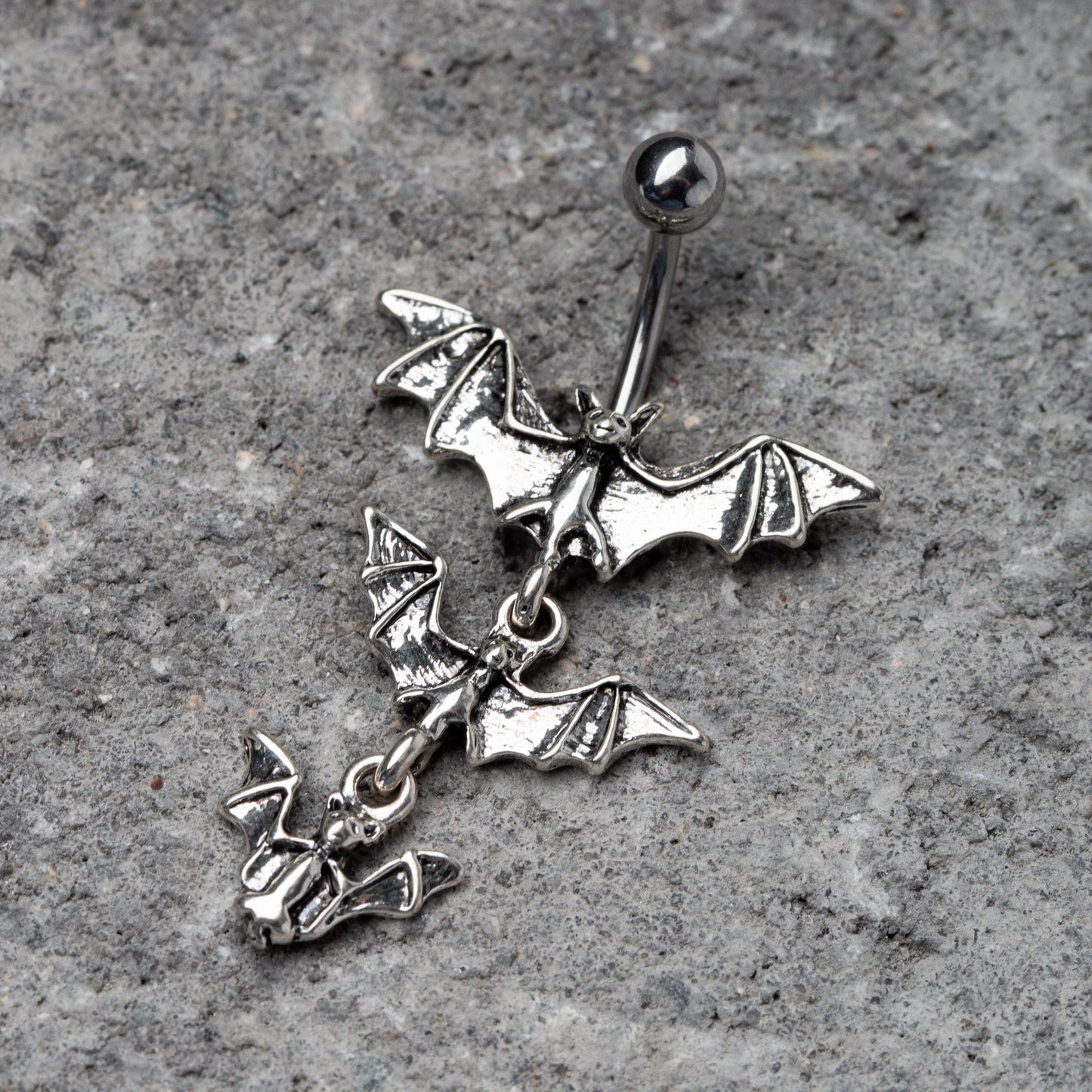 Gothic Triple Vampire Bat Dangling Belly Button Ring - Stainless Steel