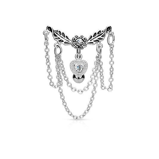 Leaflet Chandelier Chained Heart Top Down Dangling Belly Button Ring - 316L Surgical Steel