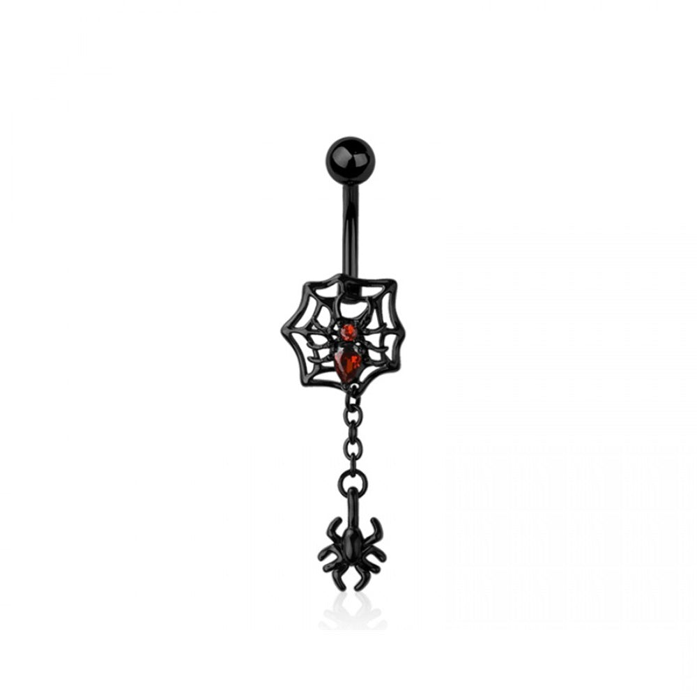 CZ Crystal Spider and Web with Dangling Spider Belly Button Ring - 316L Stainless Steel